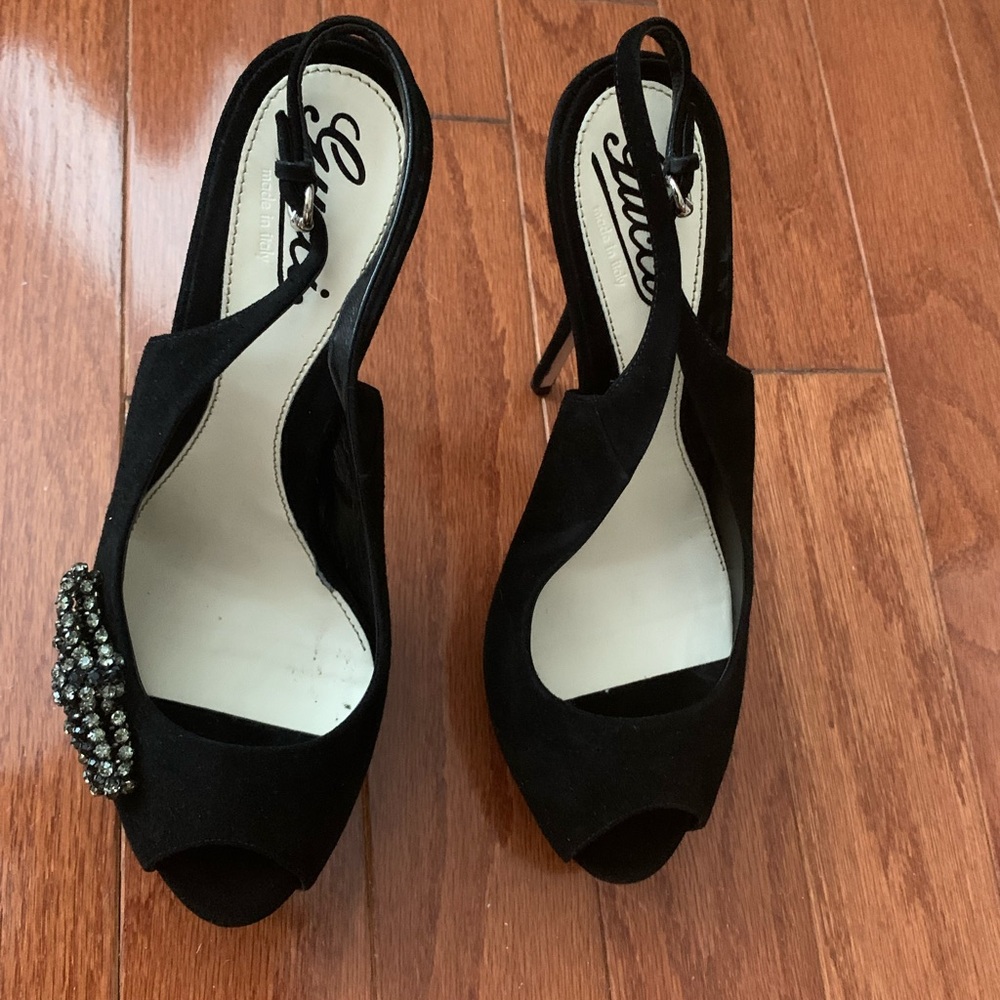 GUCCI Authentic Shoes: Black Suede, Peep-Toe, 1 Rhinestone Bow, 5.5 inch Heel 39 - Picture 2 of 16